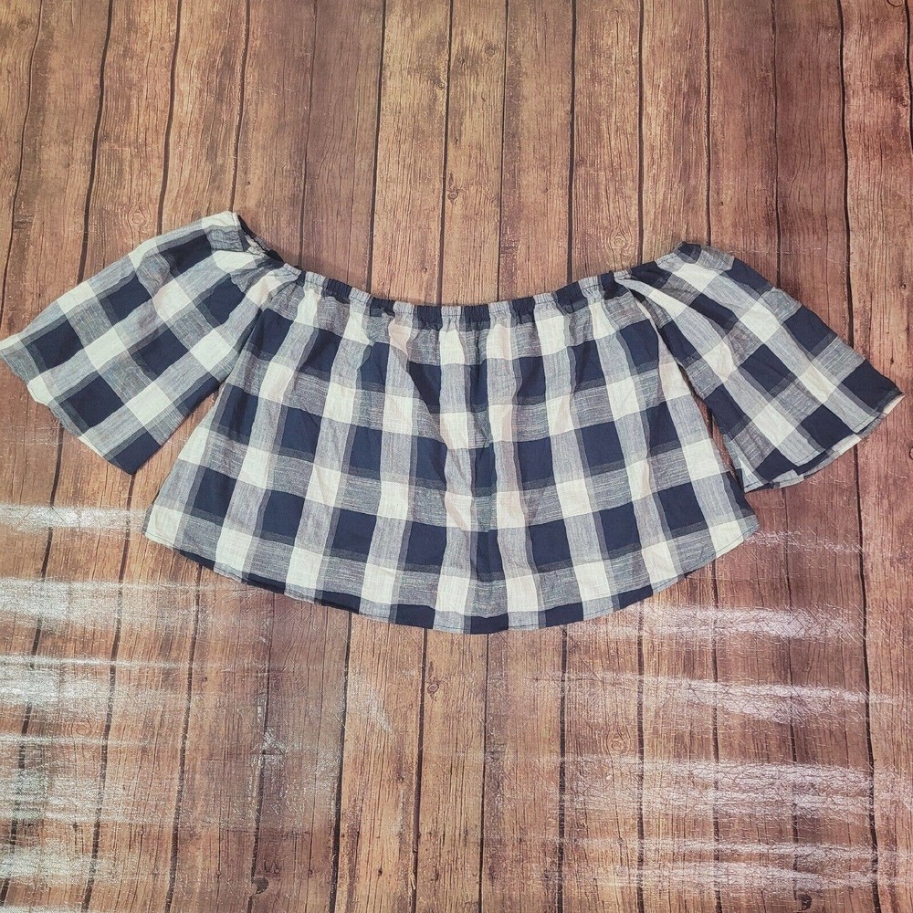 Morgan Claire Womens Top Navy Blue L Off the Shoulder Crop Plaid‎ Short Sleeve
